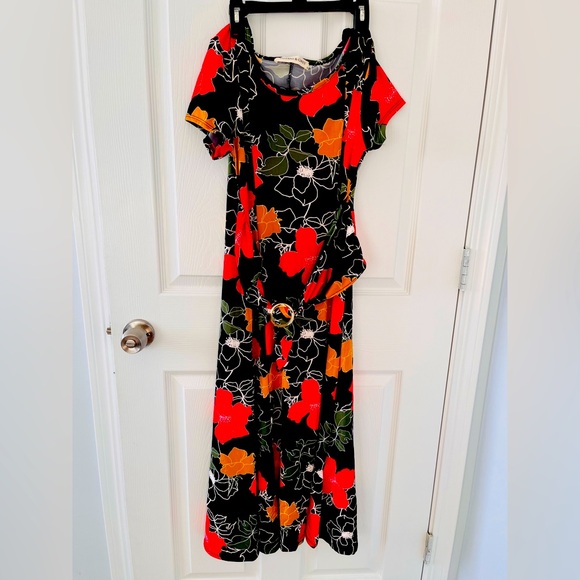 Women’s midi dress, Small, black with red and yellow prints, with showy buckle - Picture 1 of 8
